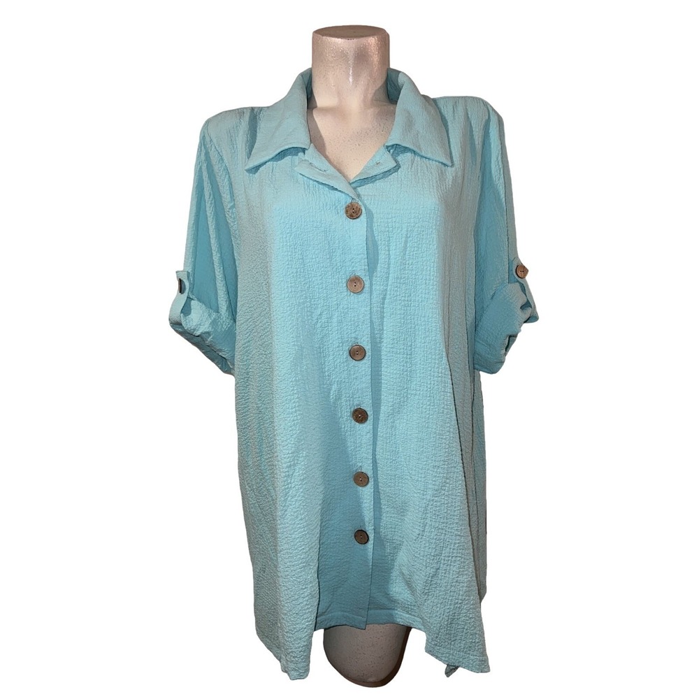 Nina Leonard Aqua Blue Textured Button Front Roll Tab Sleeve Tunic Top 2X